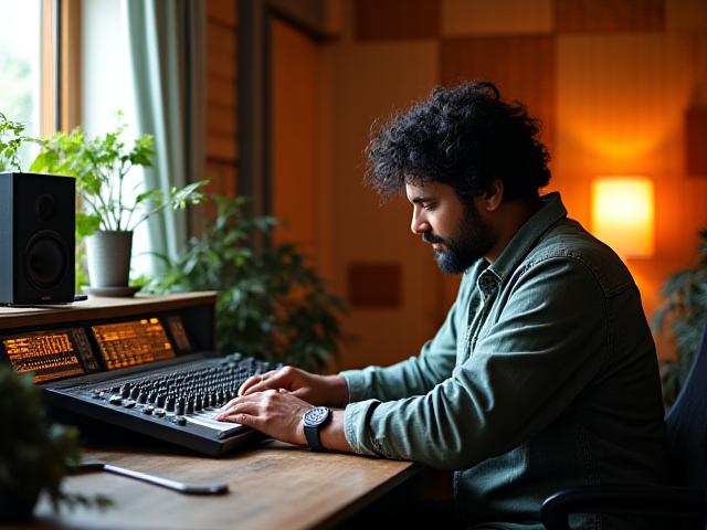 निम्िशा साउंड के संस्थापक रवि वर्मा अपने अत्याधुनिक स्टूडियो में काम कर रहे हैं, जो प्राकृतिक रोशनी और आरामदायक लकड़ी के लहजे के साथ एक पेशेवर और कलात्मक माहौल प्रदर्शित करता है।